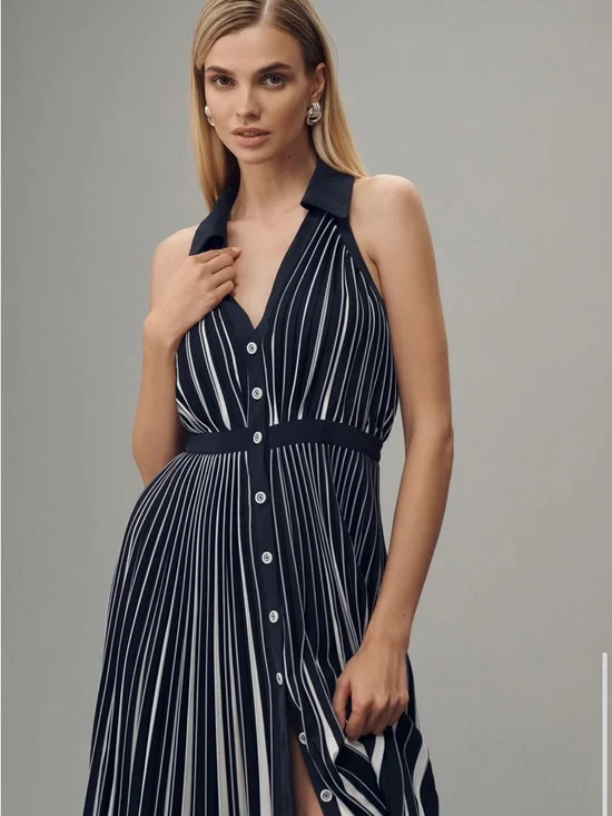 Anthropologie Navy and White Striped Halter Midi Dress - Picture 2 of 8